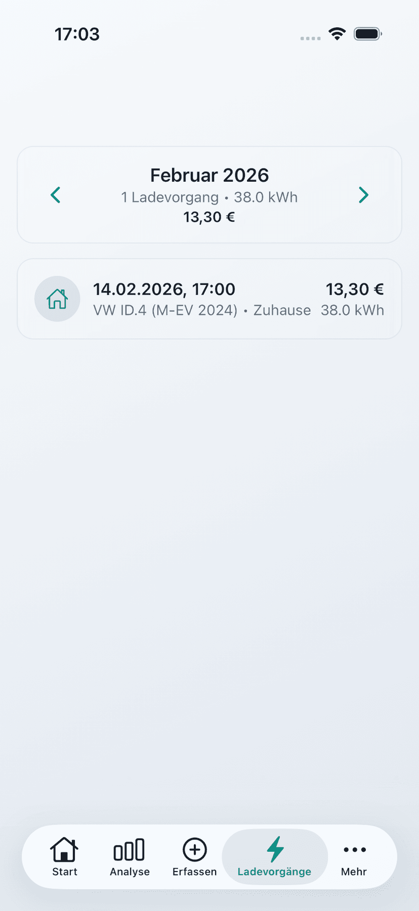 Ladevorgänge - Chronologische Liste aller dokumentierten Ladevorgänge mit kWh und Kosten