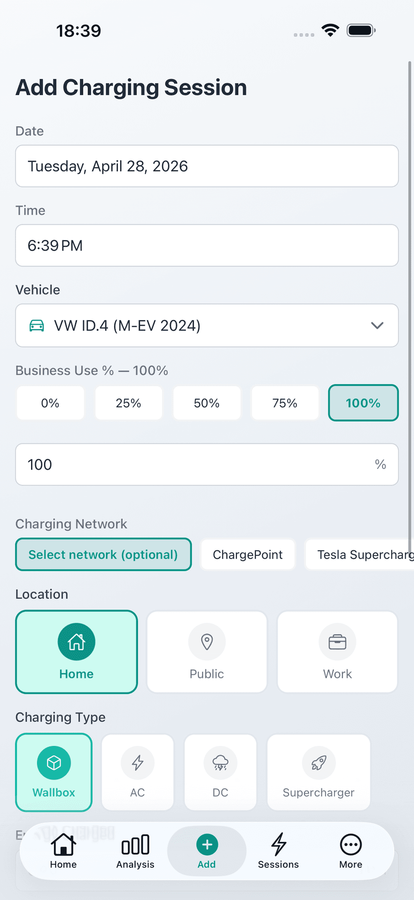 Record - Form for quickly recording a new charging session with date and kWh