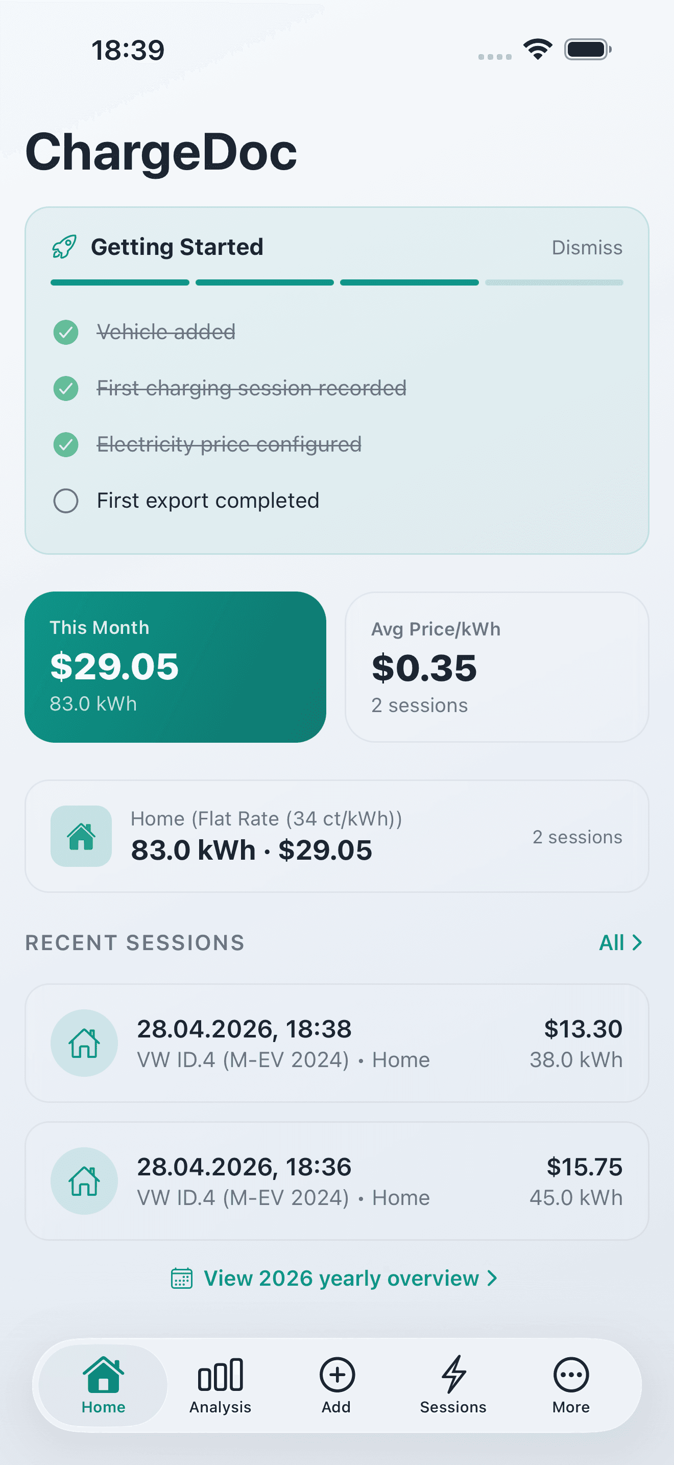 ChargeDoc app dashboard met maandelijks laadkostenoverzicht