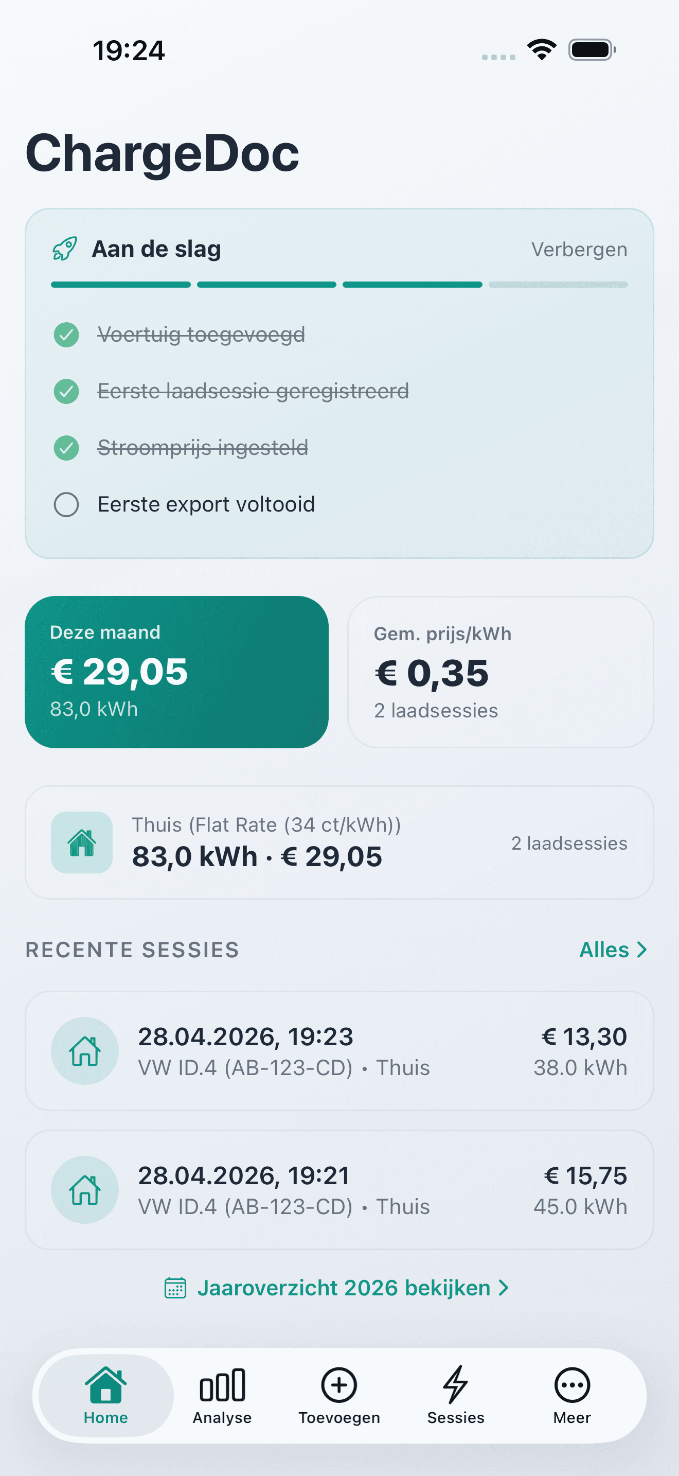 ChargeDoc app dashboard met maandelijks laadkostenoverzicht