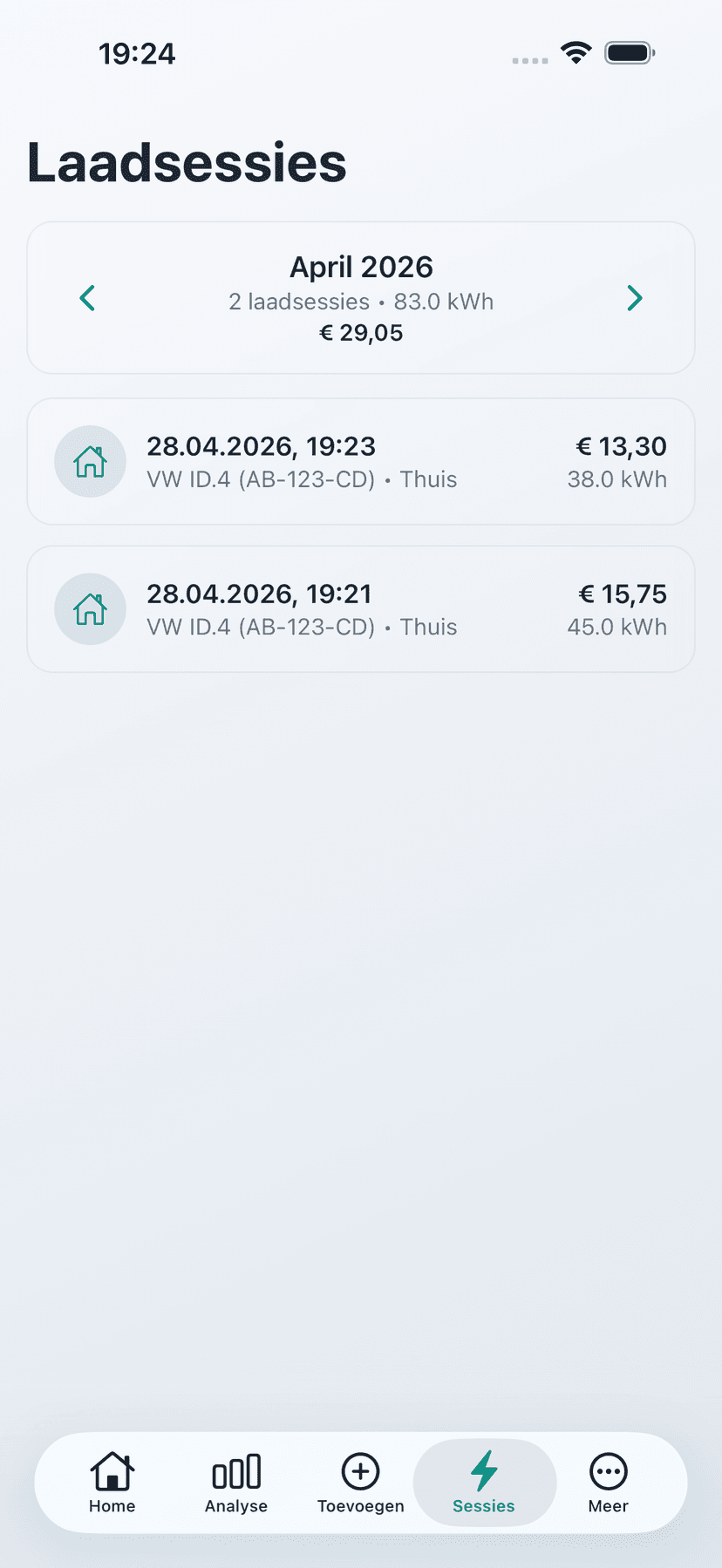 Log elke laadbeurt - Elke laadsessie automatisch gedocumenteerd — datum, kWh en kosten