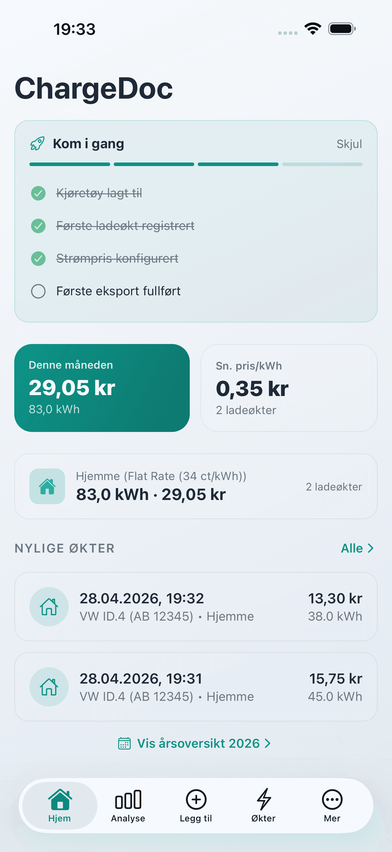ChargeDoc-appens dashbord som viser månedlig ladekostnadsoversikt