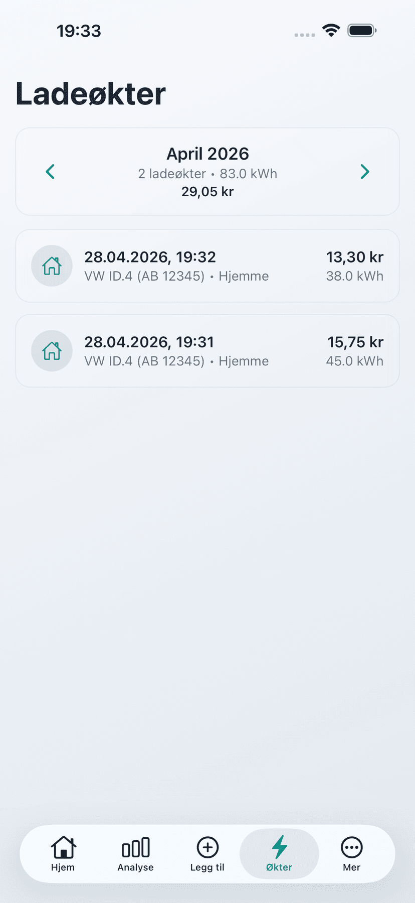 Loggfør hver lading - Hver ladeøkt dokumenteres automatisk — dato, kWh og kostnad