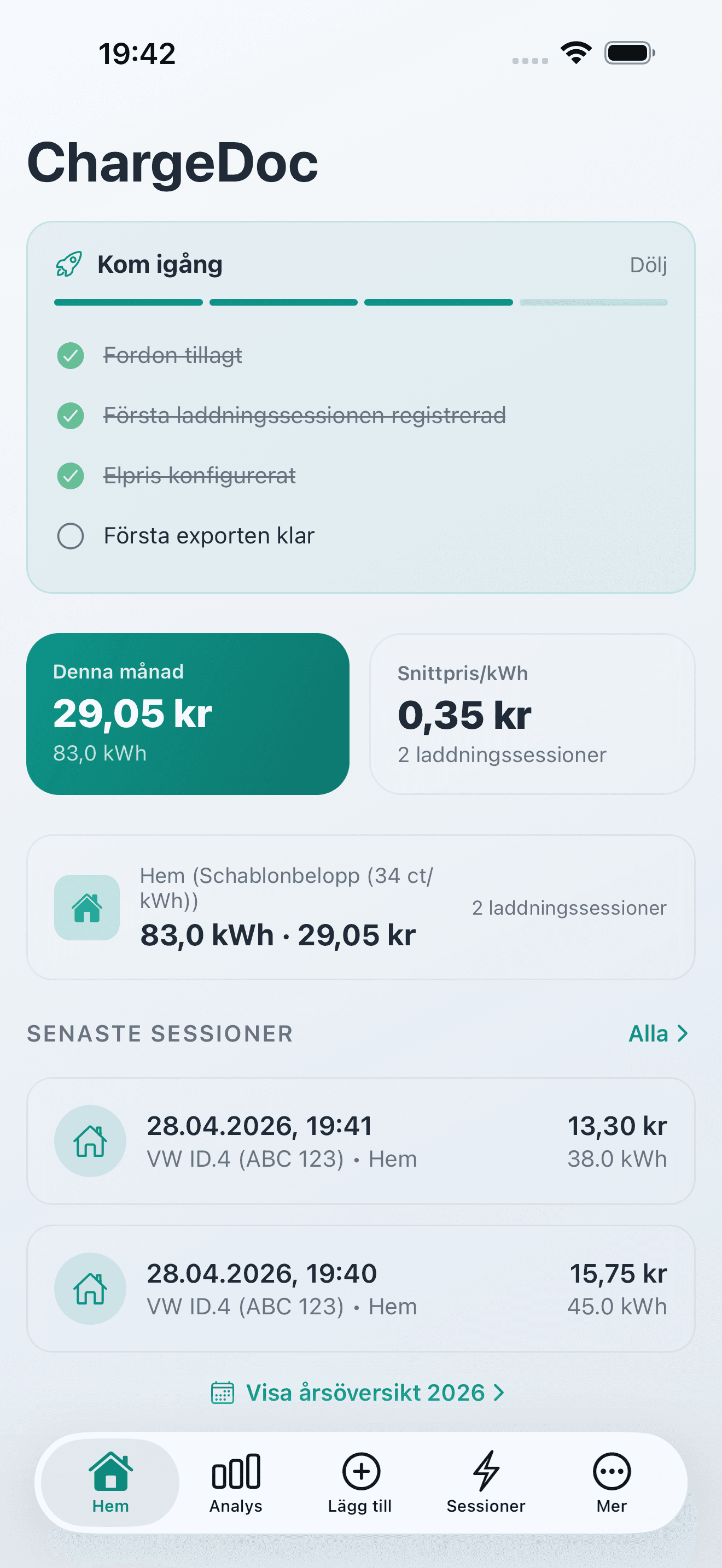 ChargeDoc app dashboard som visar månatlig översikt över laddkostnader