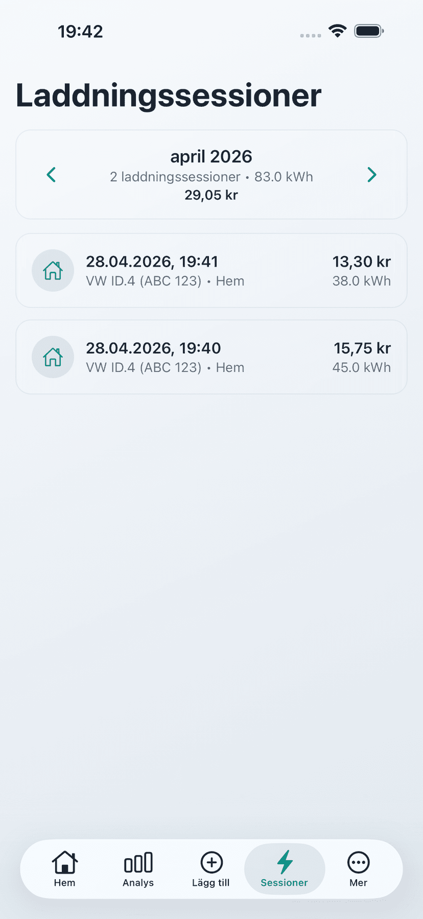 Logga varje laddning - Varje laddsession dokumenteras automatiskt — datum, kWh och kostnad
