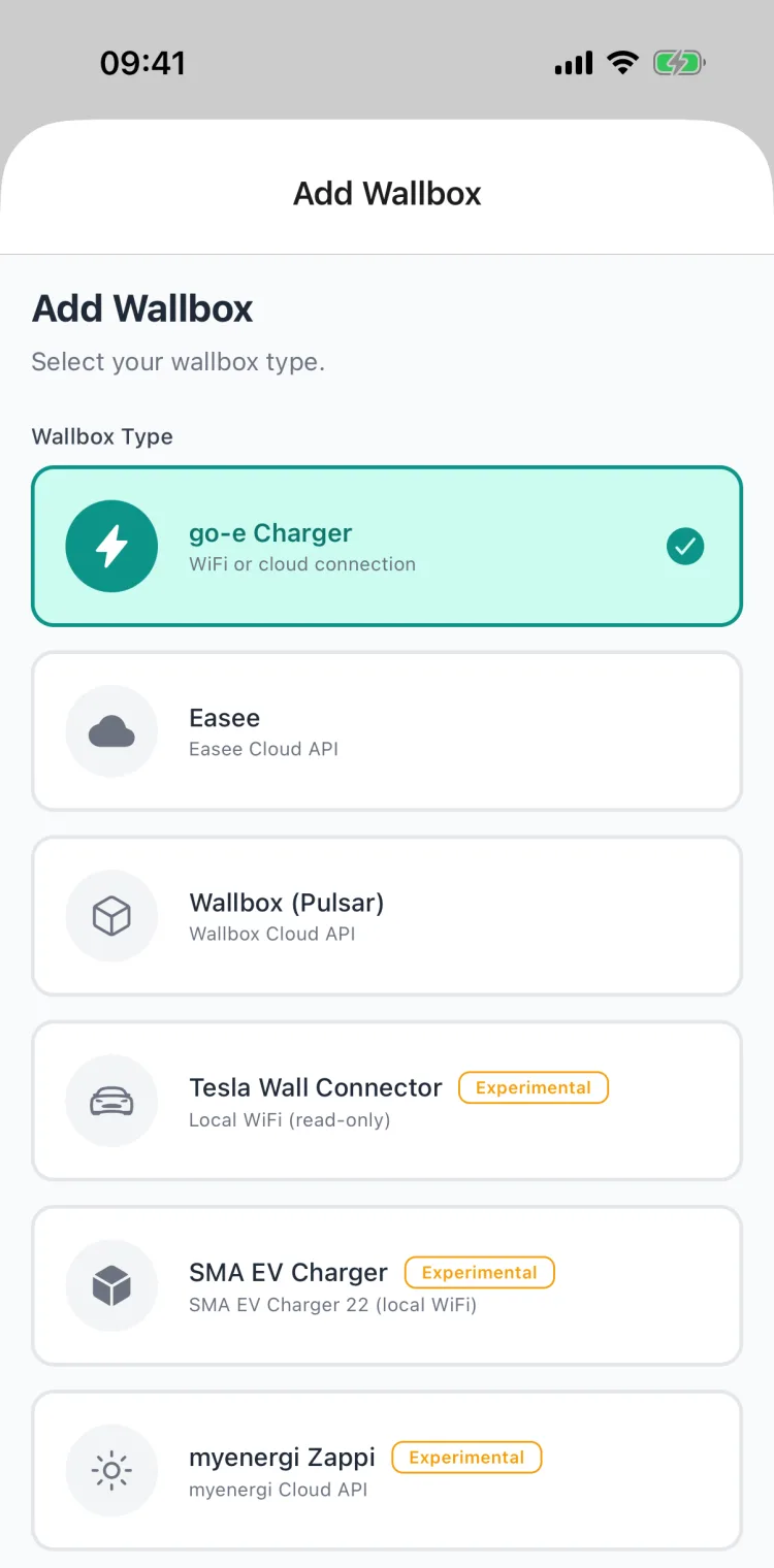 Selecting the "go-e Charger" wallbox type
