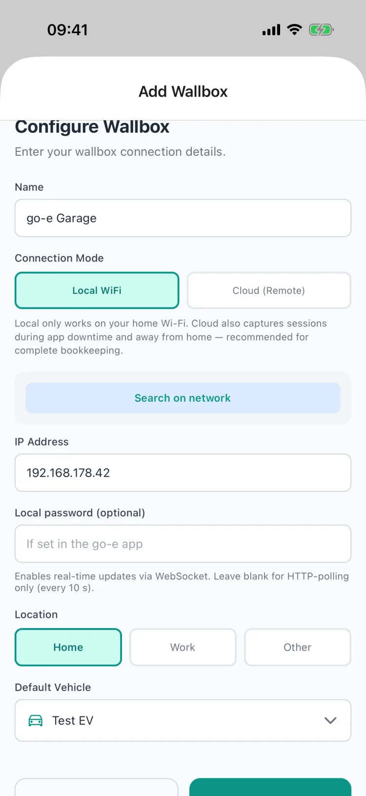 Setting up go-e in local WiFi mode: name, IP address and optional password