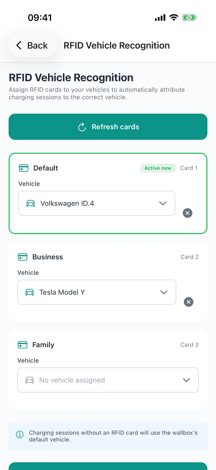 Assigning RFID cards to vehicles: Default → Volkswagen ID.4, Business → Tesla Model Y