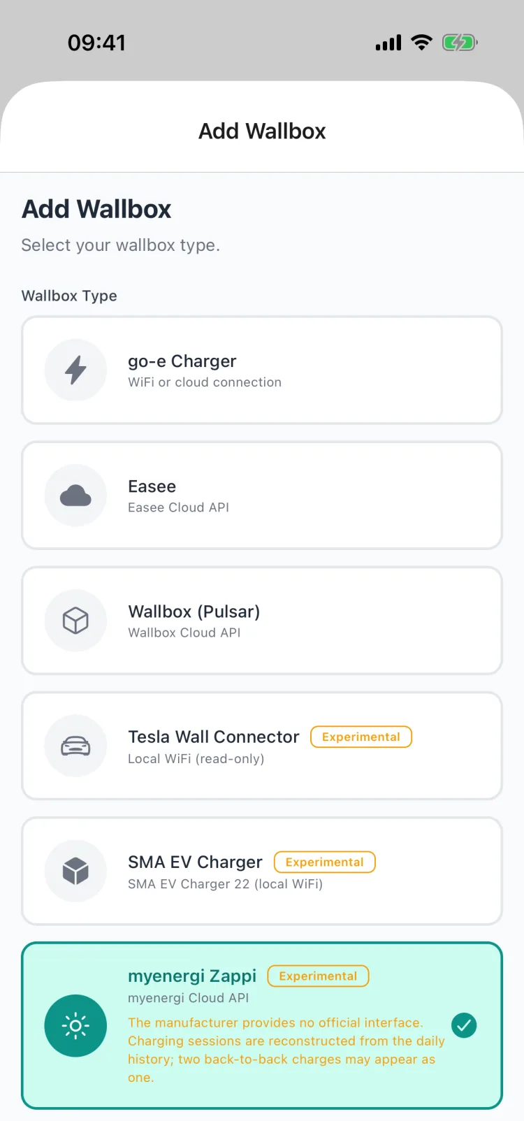 Select the myenergi Zappi wallbox type