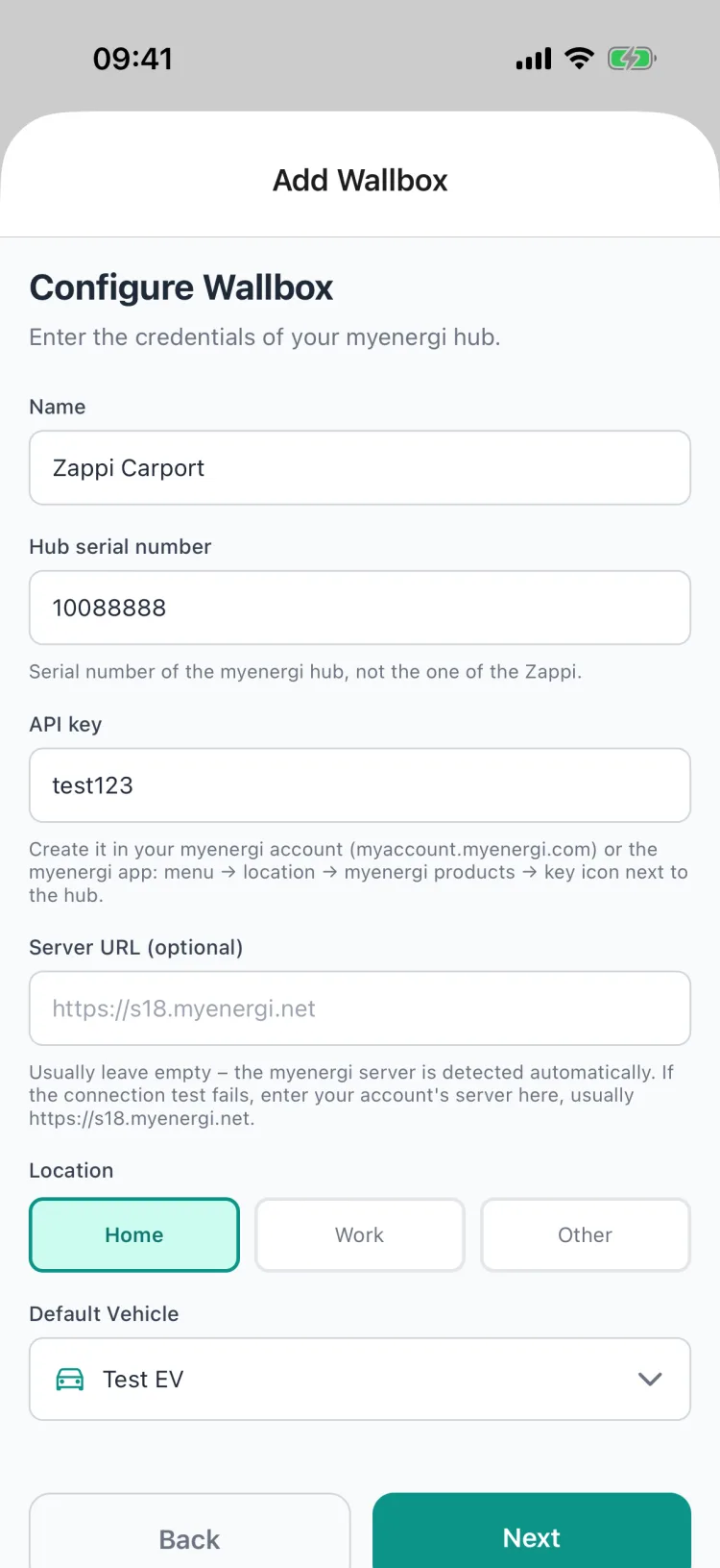 Enter the zappi connection details: hub serial number, API key, server URL left empty